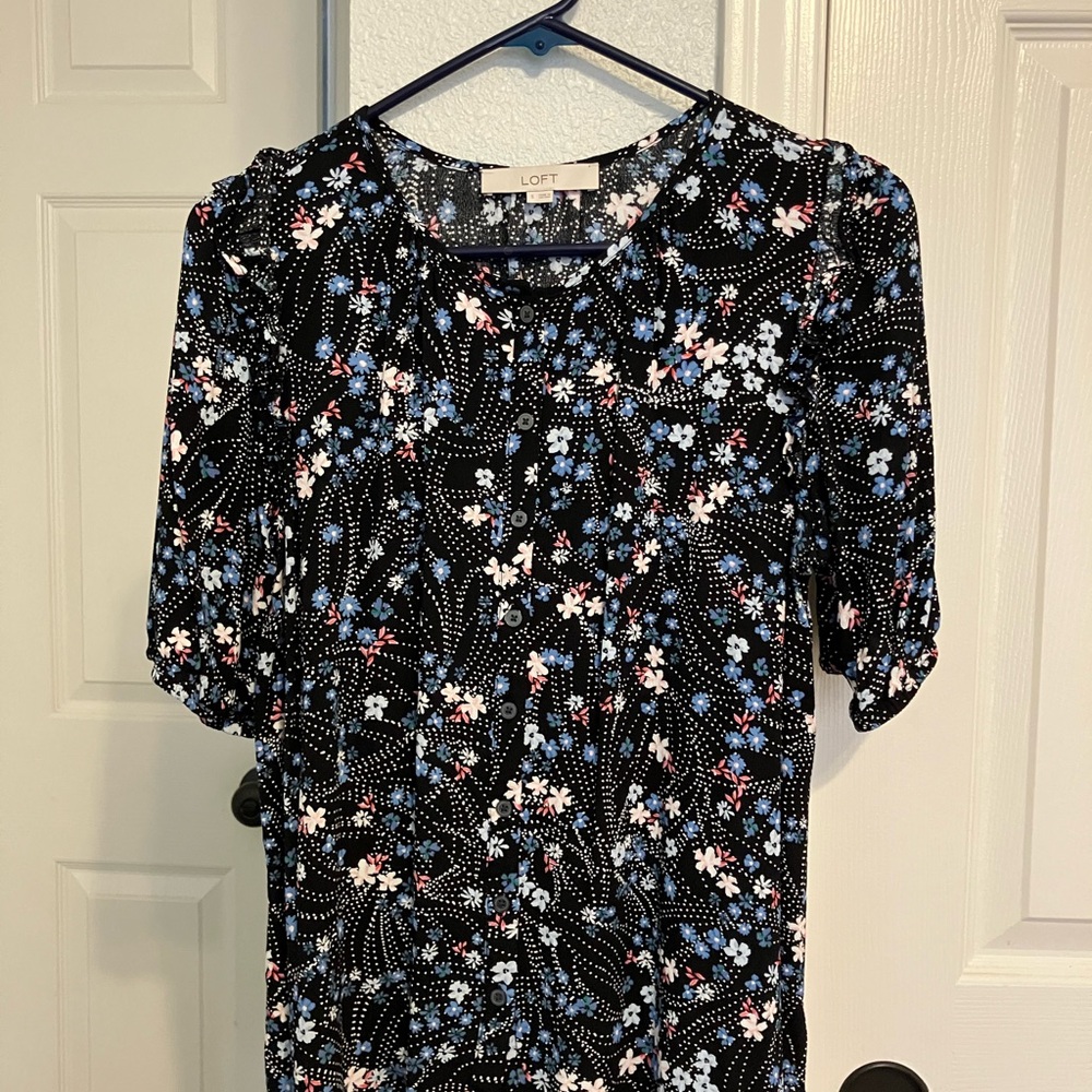 LOFT Black Blouse with Floral Pattern